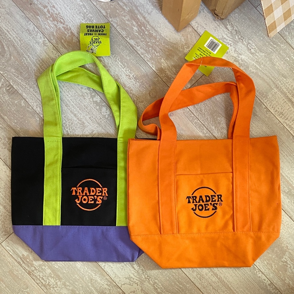NWT Set of 2 - Trader Joe's Mini Orange & Multicolor Tote Bags - Limited Edition
